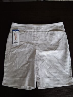 Hilary Radley Beige and White Pinstripe Bermuda Shorts